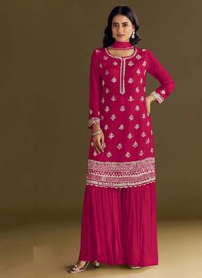 new georgette pink palazzo suit with hand work finish 1
