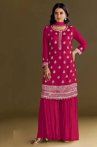 new georgette pink palazzo suit with hand work finish