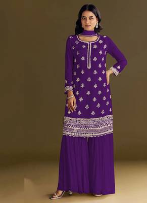 new georgette purple palazzo suit with hand work finish 1