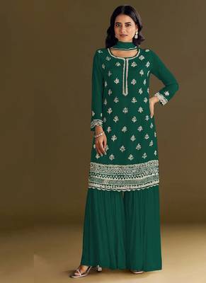 new georgette green palazzo suit with hand work finish 1