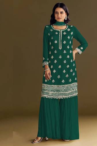 new georgette green palazzo suit with hand work finish