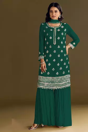 new georgette green palazzo suit with hand work finish