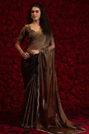 Gold color hand work fendy silk two tone fancy saree with blouse piece