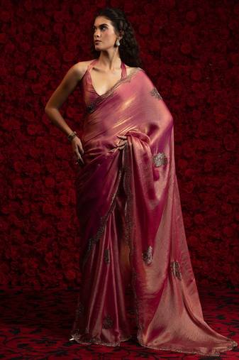 Gajri color hand work fendy silk two tone fancy saree with blouse piece