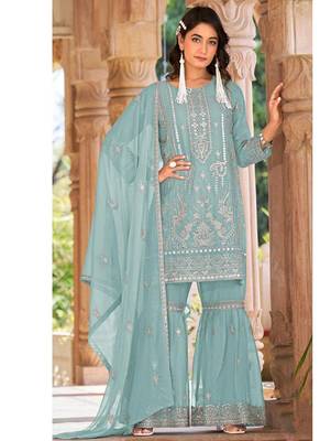 summer wear sky blue organza embroidered palazzo suit for women 1