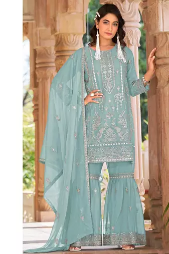 summer wear sky blue organza embroidered palazzo suit for women