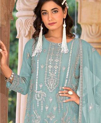 summer wear sky blue organza embroidered palazzo suit for women 2