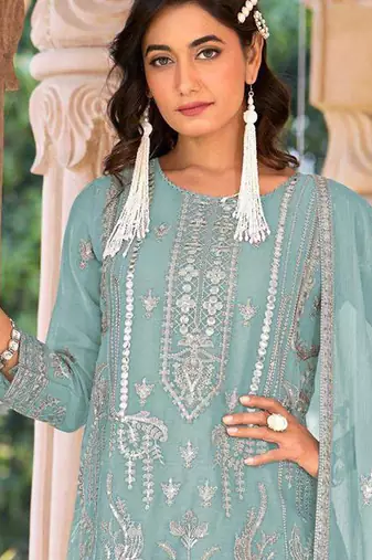 summer wear sky blue organza embroidered palazzo suit for women