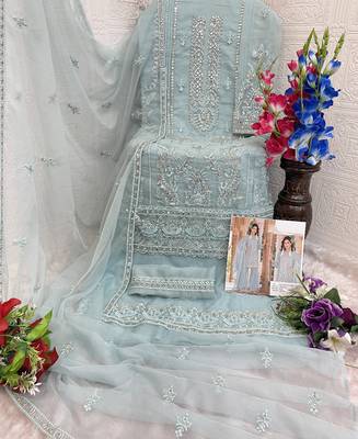 summer wear sky blue organza embroidered palazzo suit for women 3