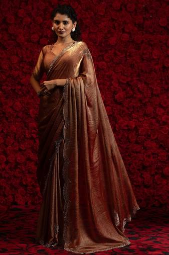 Peach color hand work fendy silk two tone fancy saree with blouse piece