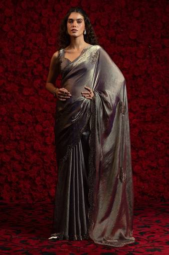 Grey color hand work fendy silk two tone fancy saree with blouse piece