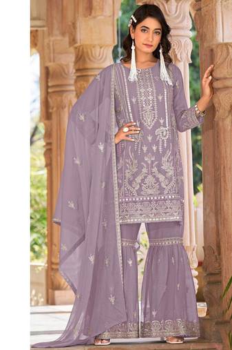 summer wear lilac organza embroidered palazzo suit for women