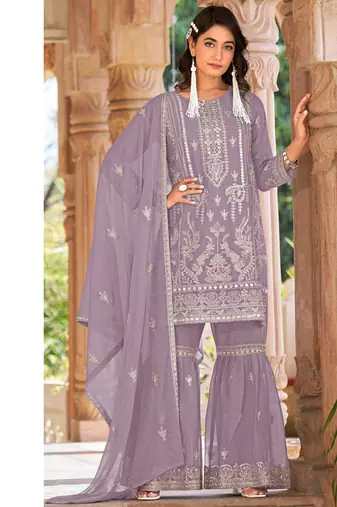 summer wear lilac organza embroidered palazzo suit for women