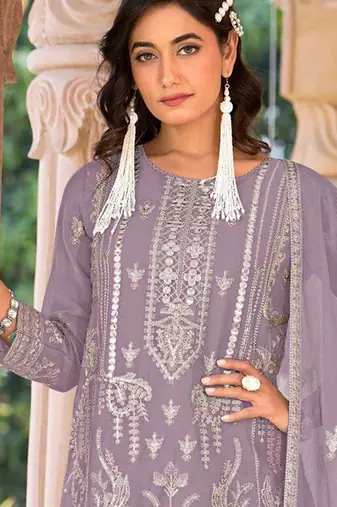 summer wear lilac organza embroidered palazzo suit for women