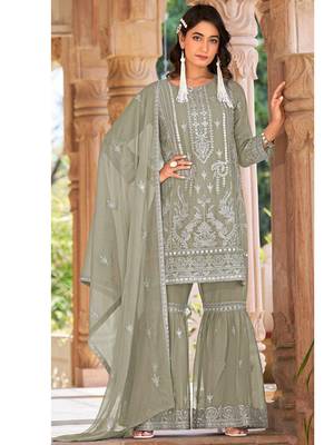 summer wear grey organza embroidered palazzo suit for women 1