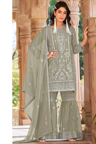 summer wear grey organza embroidered palazzo suit for women