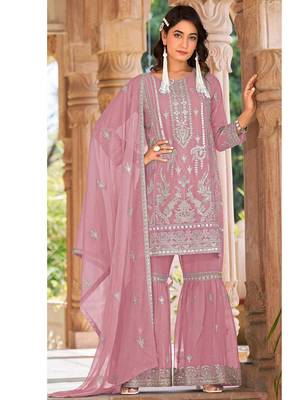 summer wear pink organza embroidered palazzo suit for women 1