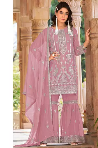 summer wear pink organza embroidered palazzo suit for women