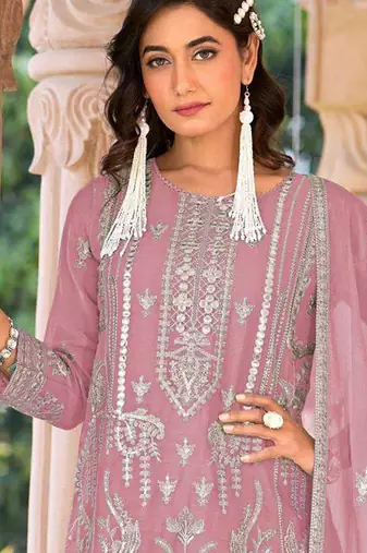 summer wear pink organza embroidered palazzo suit for women