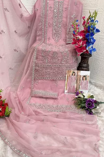 summer wear pink organza embroidered palazzo suit for women