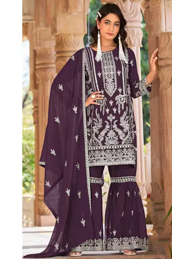 summer wear purple organza embroidered palazzo suit for women
