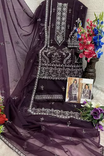 summer wear purple organza embroidered palazzo suit for women