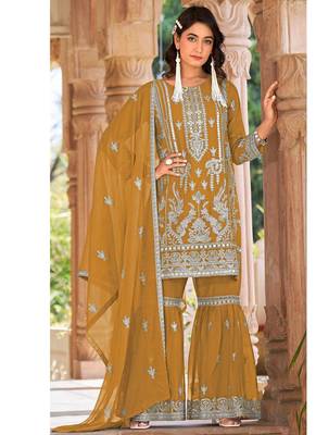 summer wear yellow organza embroidered palazzo suit for women 1