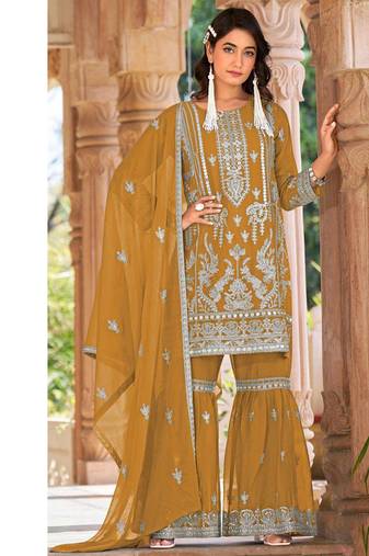 summer wear yellow organza embroidered palazzo suit for women