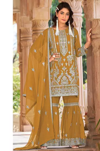 summer wear yellow organza embroidered palazzo suit for women