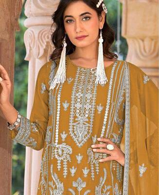 summer wear yellow organza embroidered palazzo suit for women 2