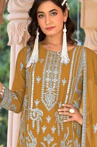 summer wear yellow organza embroidered palazzo suit for women