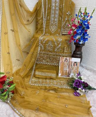 summer wear yellow organza embroidered palazzo suit for women 3