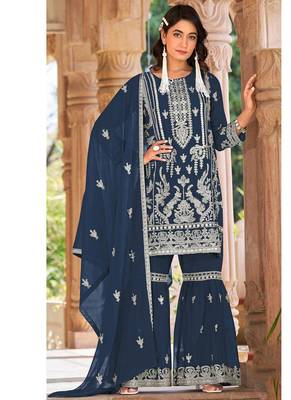 summer wear blue organza embroidered palazzo suit for women 1