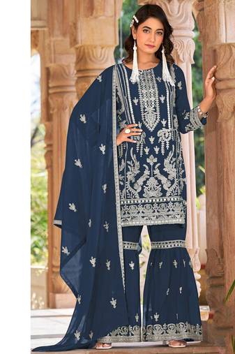 summer wear blue organza embroidered palazzo suit for women