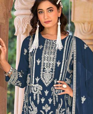 summer wear blue organza embroidered palazzo suit for women 2