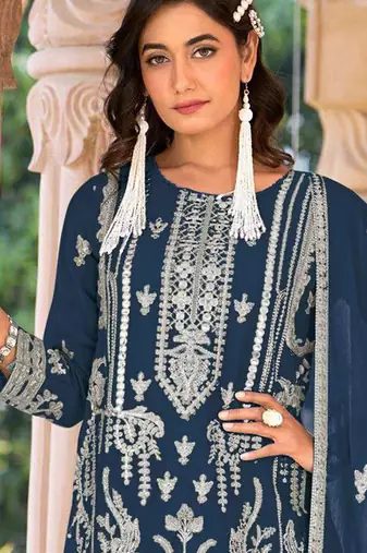 summer wear blue organza embroidered palazzo suit for women