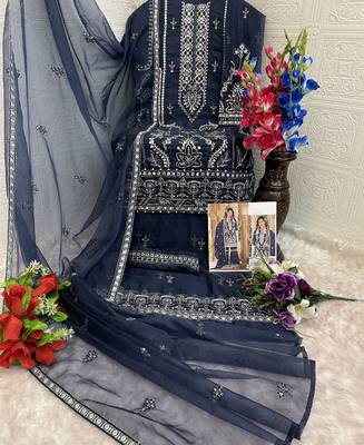 summer wear blue organza embroidered palazzo suit for women 3