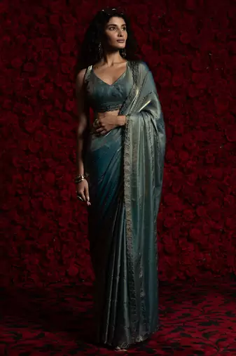 Blue color hand work two tone fendy silk stylish saree with blouse