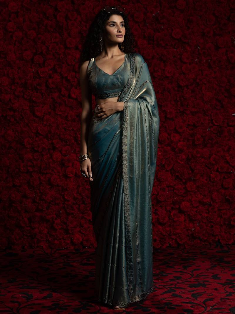 Blue color hand work two tone fendy silk stylish saree with blouse