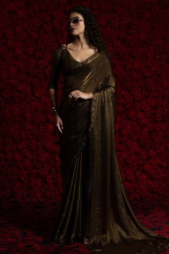 Gold color hand work two tone fendy silk stylish saree with blouse