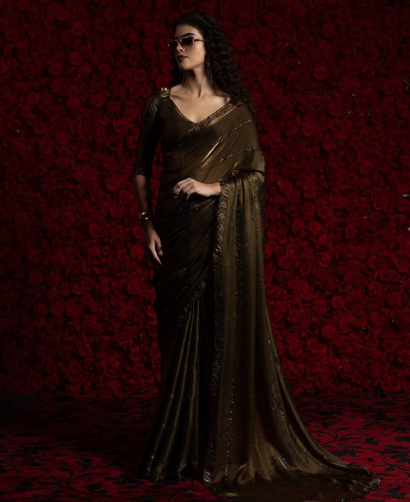 Gold color hand work two tone fendy silk stylish saree with blouse