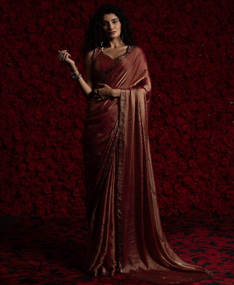 Pink color hand work two tone fendy silk stylish saree with blouse