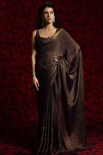 Brown color hand work two tone fendy silk stylish saree with blouse