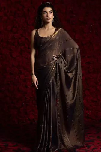 Brown color hand work two tone fendy silk stylish saree with blouse