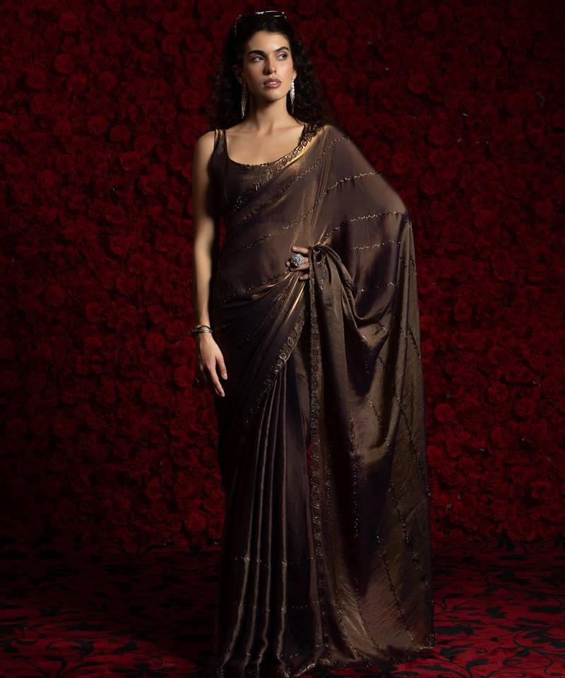 Brown color hand work two tone fendy silk stylish saree with blouse