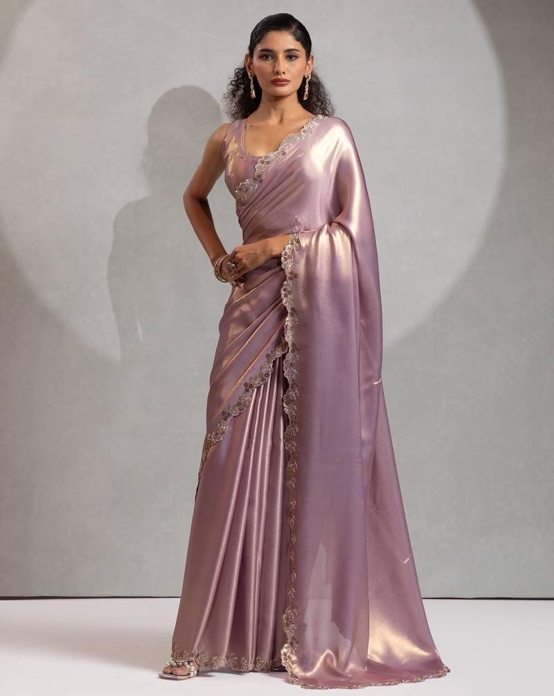 Levender color hand work satin georgette with foil hand work saree with blouse