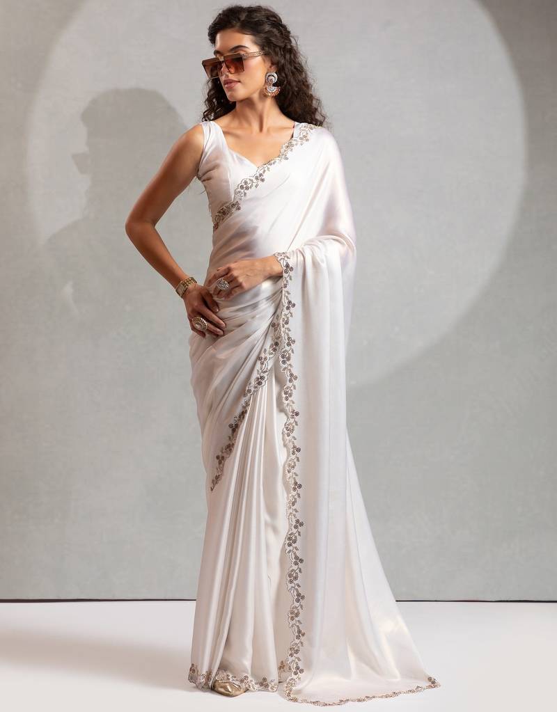White color hand work satin georgette with foil hand work saree with blouse