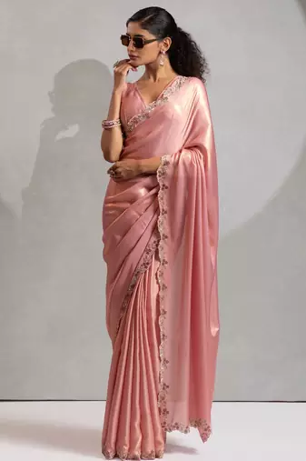 Pink color hand work satin georgette with foil hand work saree with blouse