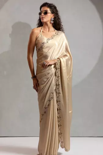 Beige color hand work satin georgette with foil hand work saree with blouse