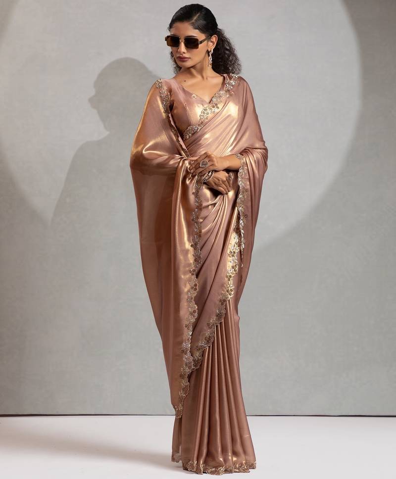 Peach color hand work satin georgette with foil hand work saree with blouse